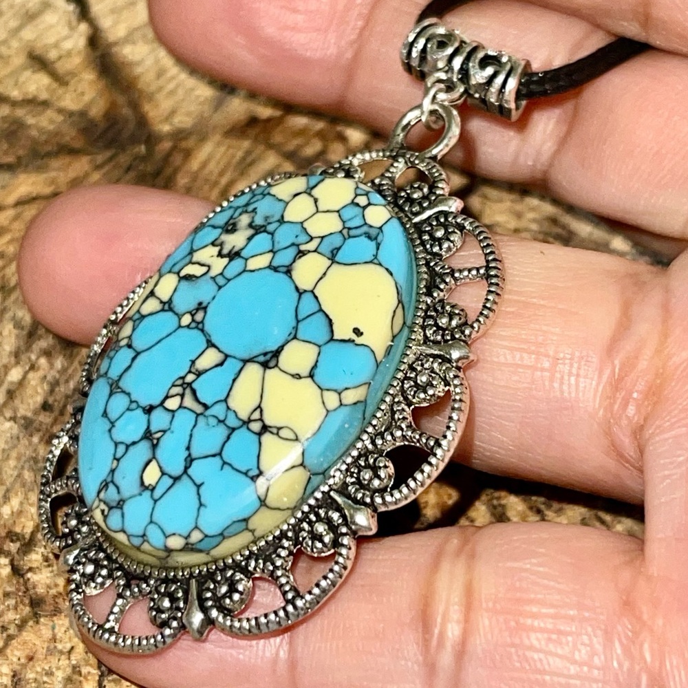 Beautiful Blue & Yellow Rainbow Calsilica Pendant 2 1/2”